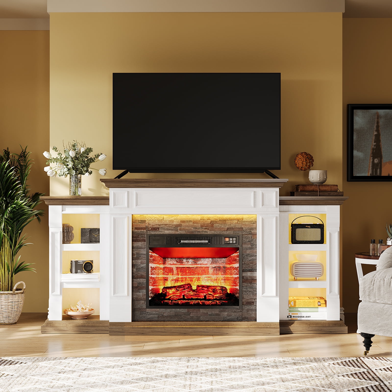 LGHM 71" Electric Fireplace TV Stand with Mantel, Farmhouse Entertainment Center for TVs up to 80" with LED Light, White & Brown