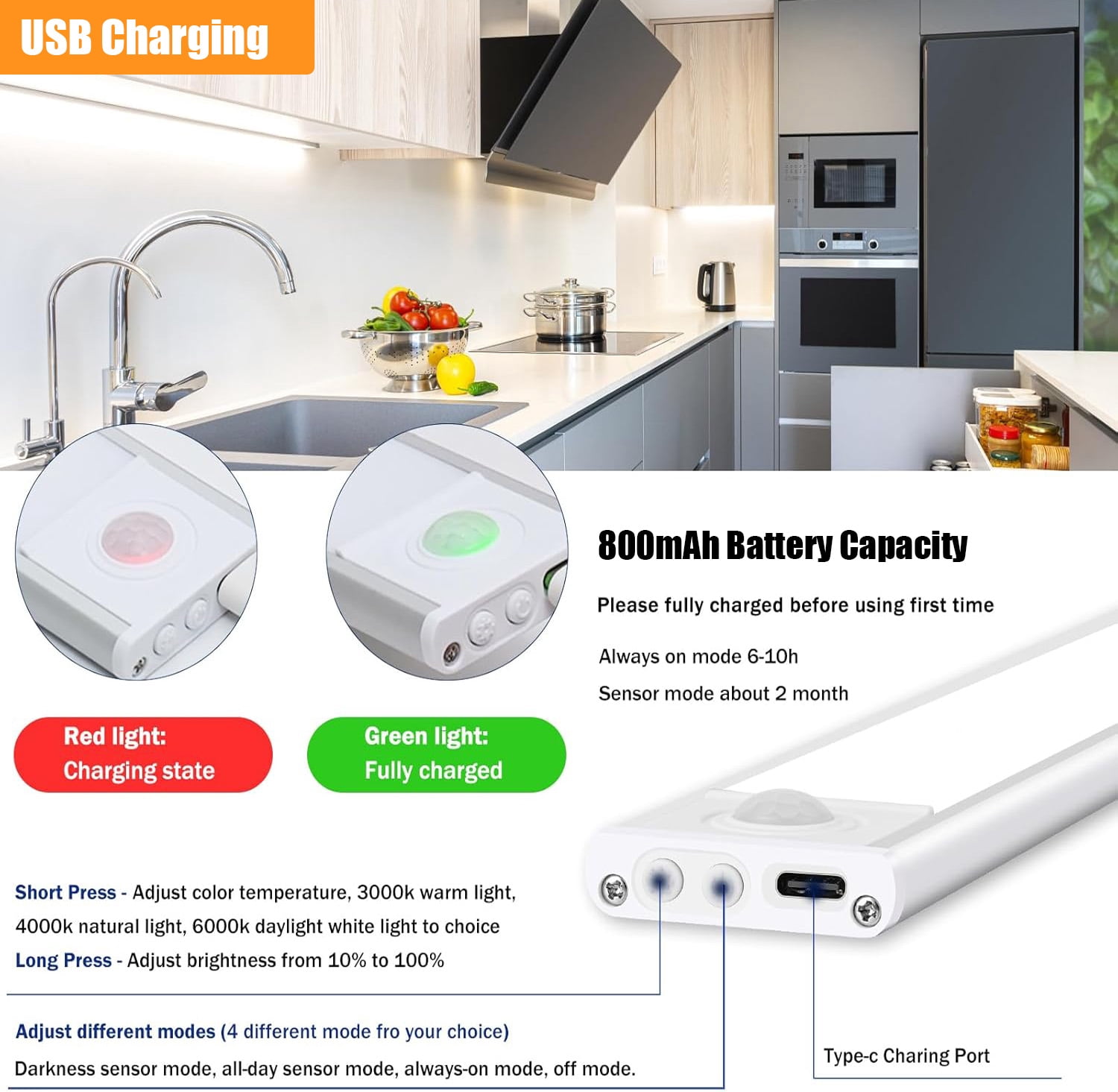 2 Pack Under Cabinet Lights, 15.7" Rechargeable Motion Sensor Light, 3 Lighting Modes Dimmable Wireless Closet Lights with Magnet for Kitchen, Stairs, Hallway- Silver