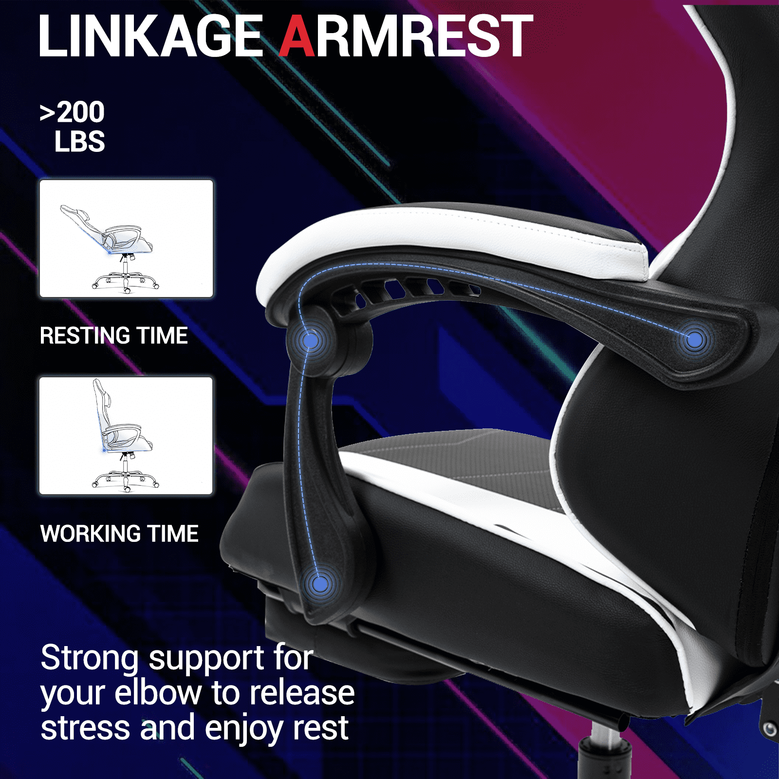 WENTUM  Ergonomic Reclining Gaming Chair with Linkage Armrests & Footrest, Racing Office Chair, PU Leather Computer Desk Chair, White