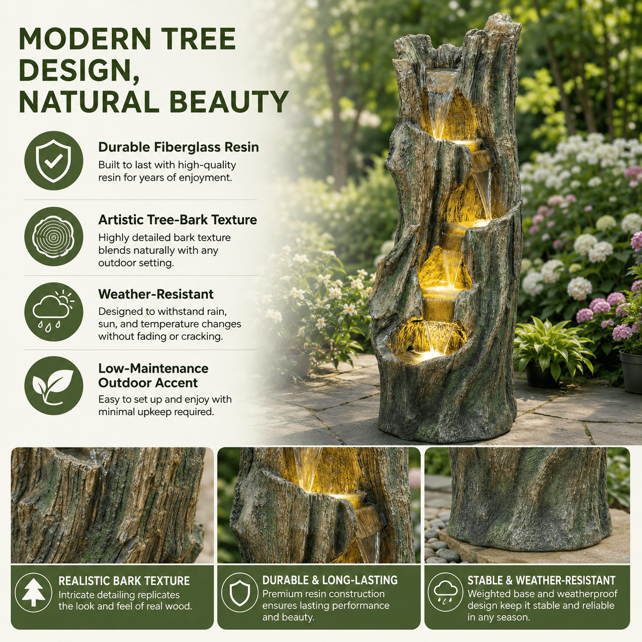 Aukfa Tree Design Outdoor Water Fountain with LED Lights, Tall Resin Waterfall Feature for Patio Garden Backyard,Gray