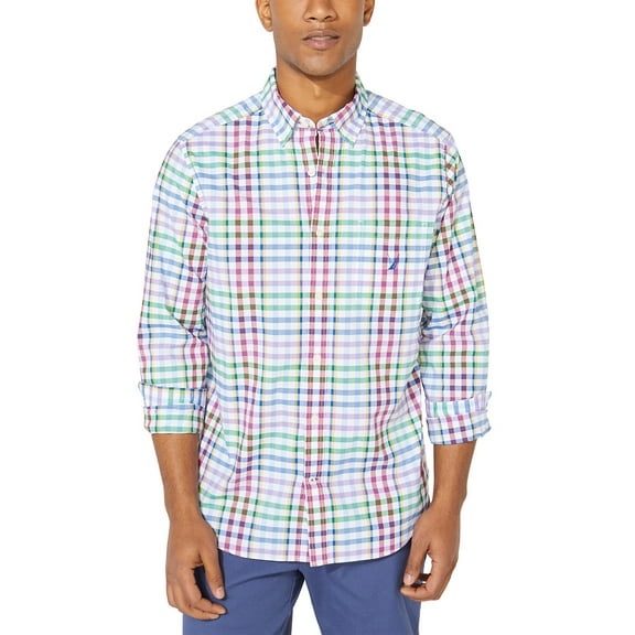 Nautica Mens Blue Sail Plaid Shirt,Bright White,L