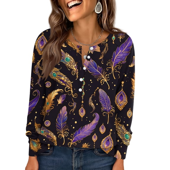 Mardi Gras Shirts Womens Glitter Mask Print Crew Neck Tops Carnival Long Sleeve Gold Blouse Multicolor 2XL