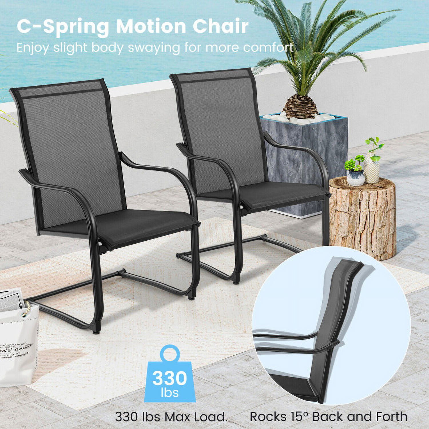 Aimee Lii 2 Pieces C-Spring Motion Patio Dining Chairs with Breathable Fabric, Outdoor Patio Set, Black