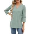 thumbnail image 4 of USNSM Women's Modest Pullover 3/4 Ruched Sleeve Length Loose Fit Tunic Blouses Hollow T Shirts Pleated Flare V Neck Tops Green XXL, 4 of 6