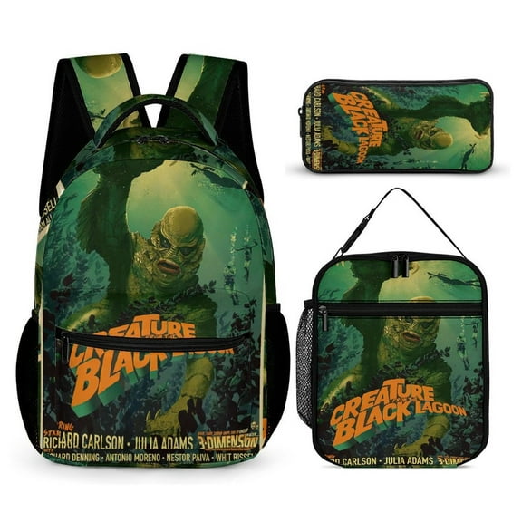 Creature From The Black Lagoon 3 PC Backpack Set Casual School Bag Daypack with Lunch Bag Outdoor Travel Large Capacity BagsOne Size