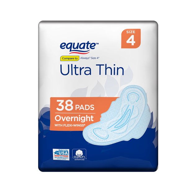 Equate Ultra Thin, Size 4, Overnight Pads with FlexiWings, 38 Ct