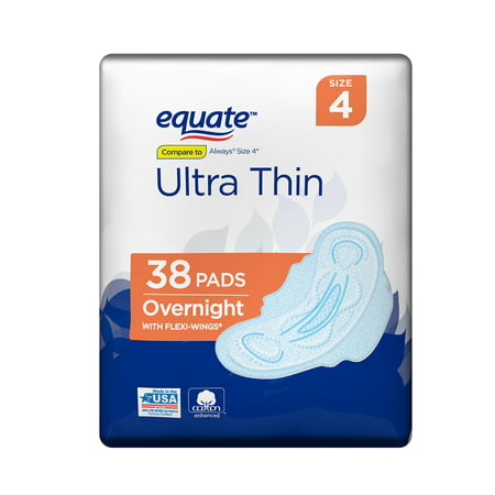 Equate Ultra Thin Pads with Flexi-Wings, Overnight, Size 4, 38