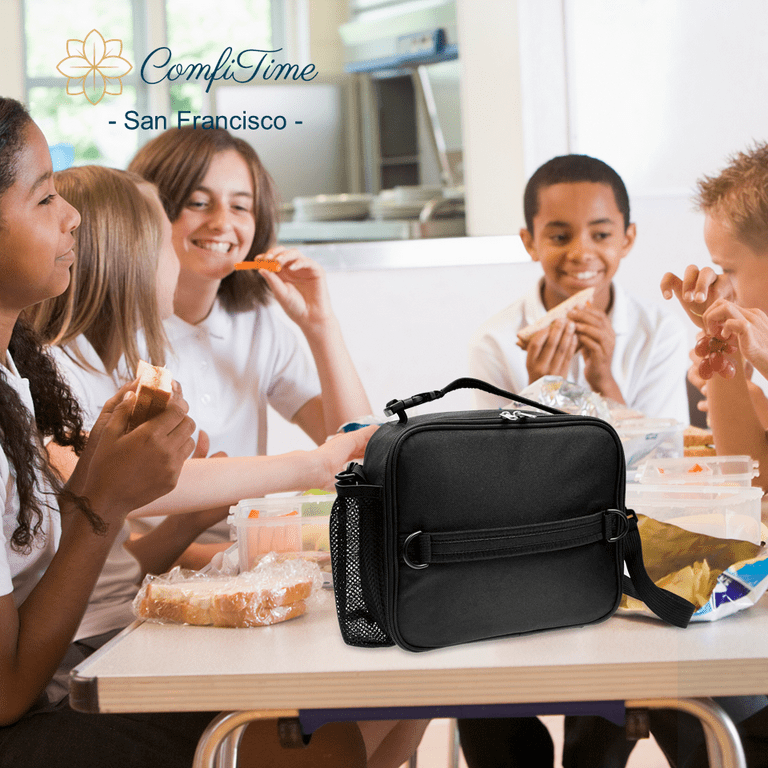 ComfiTime Insulated Kids Lunch Box with Bottle Holder Zipper Pockets Handles Strap Black Walmart