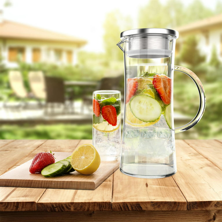 Glass Pitcher-50oz. Carafe with Stainless Steel Filter Lid- Heat Resistant  to 300F-For Water, Coffee, Tea, Punch, Lemonade and More by Classic Cuisine