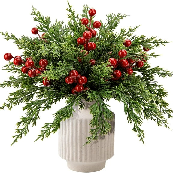 Natonhi 35pcs Norfolk Pine Branches with 10pcsRed Berry Stems- 14" Artificial Greenery Norfolk Pine Stems Sprigs- Fake Foliage Pine Needles Picks for DIY Craft Garland Home Decoration