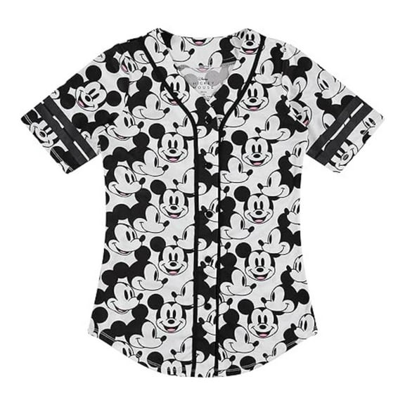 Disney Women's Baseball Jersey, Printed Cartoon Mickey Mouse Baseball Shirt White Black – M