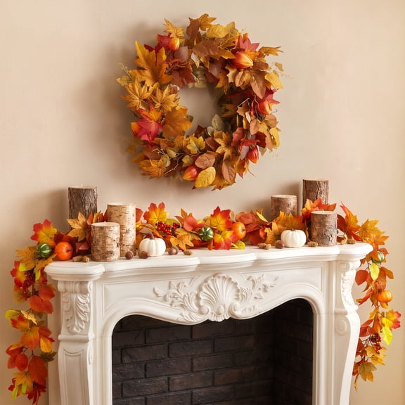 Leyaron 2 Pack Fall Wreath Decoration Set, 20" Autumn Cape Gooseberry Wreath and 6 Ft Garland Fall Decorations for Home Farmhouse Fireplace Indoor Outdoor Thanksgiving Autumn Decor