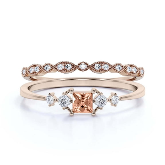 Anniversary Ring Minimalist 1.25 Carat Princess Cut Morganite And Diamond Moissanite Engagement Ring, Dainty Wedding Ring in 925 Sterling Silver With 18k Rose Gold Plating, Bridal Set, Matching Band