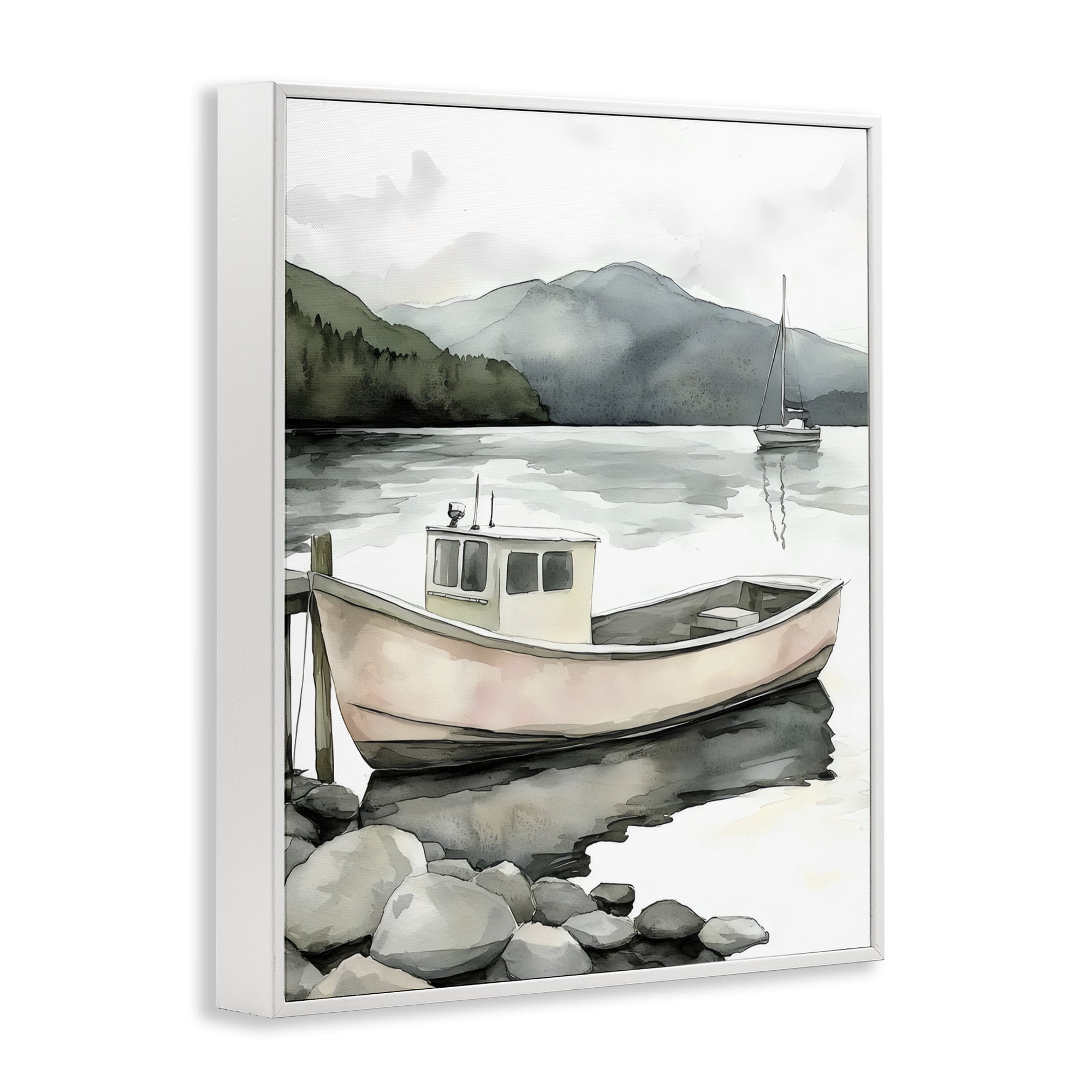 Stupell Industries Coastal Calm Docked Boat White Framed Giclee Art, design by Riley B