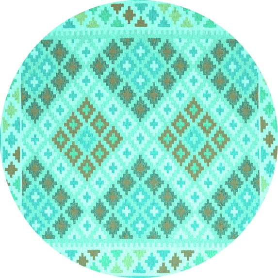 Ahgly Company Machine Washable Indoor Round Southwestern Turquoise Blue Country Area Rugs, 4' Round