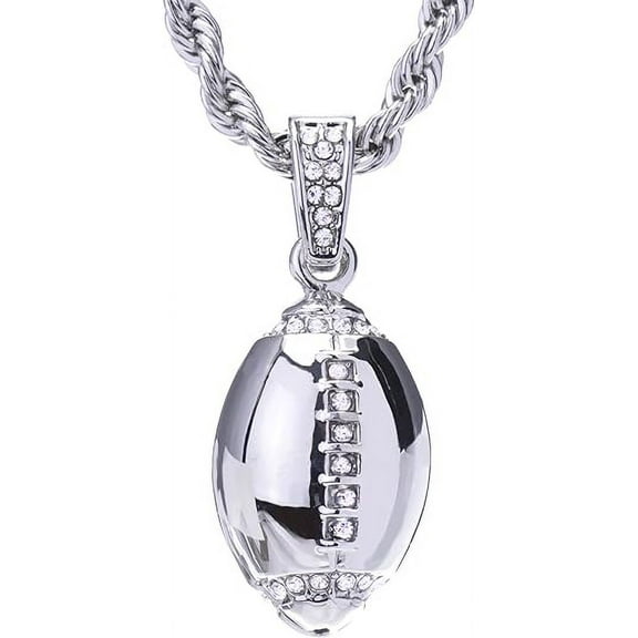 Hip Hop Iced Silver-Tone Football Pendant With 20" Rope Chain HC 1120 S