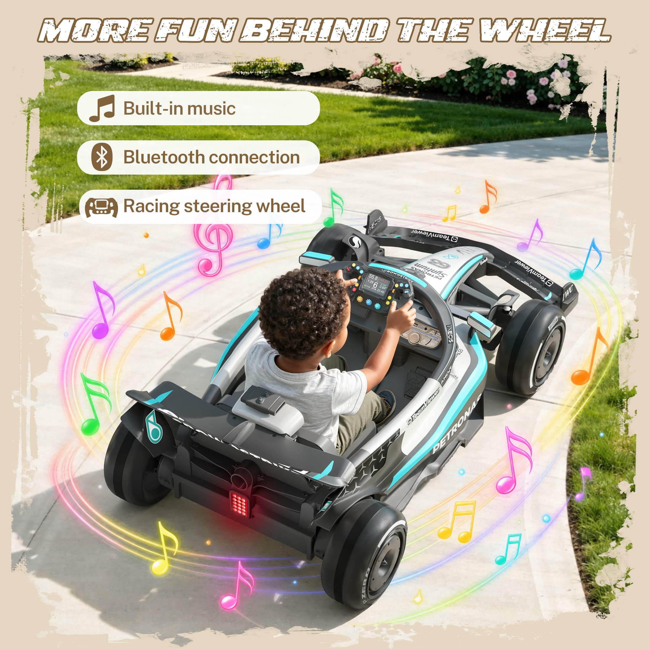 Mercedes-Benz F1 W16 Electric Go Kart, iYofe 12V Go Kart for Kids with Remote Control, Soft Start & Soft Stop, Built-in Music, Bluetooth, Ride on Toys for Kids 3-5