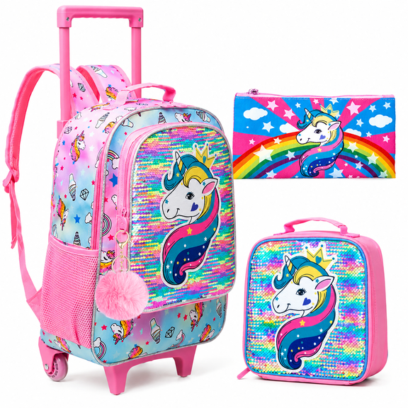 3PCS Girls Rolling Backpack Set, Unicorn Pattern Wheeled School Bag with Lunch Bag for Kids