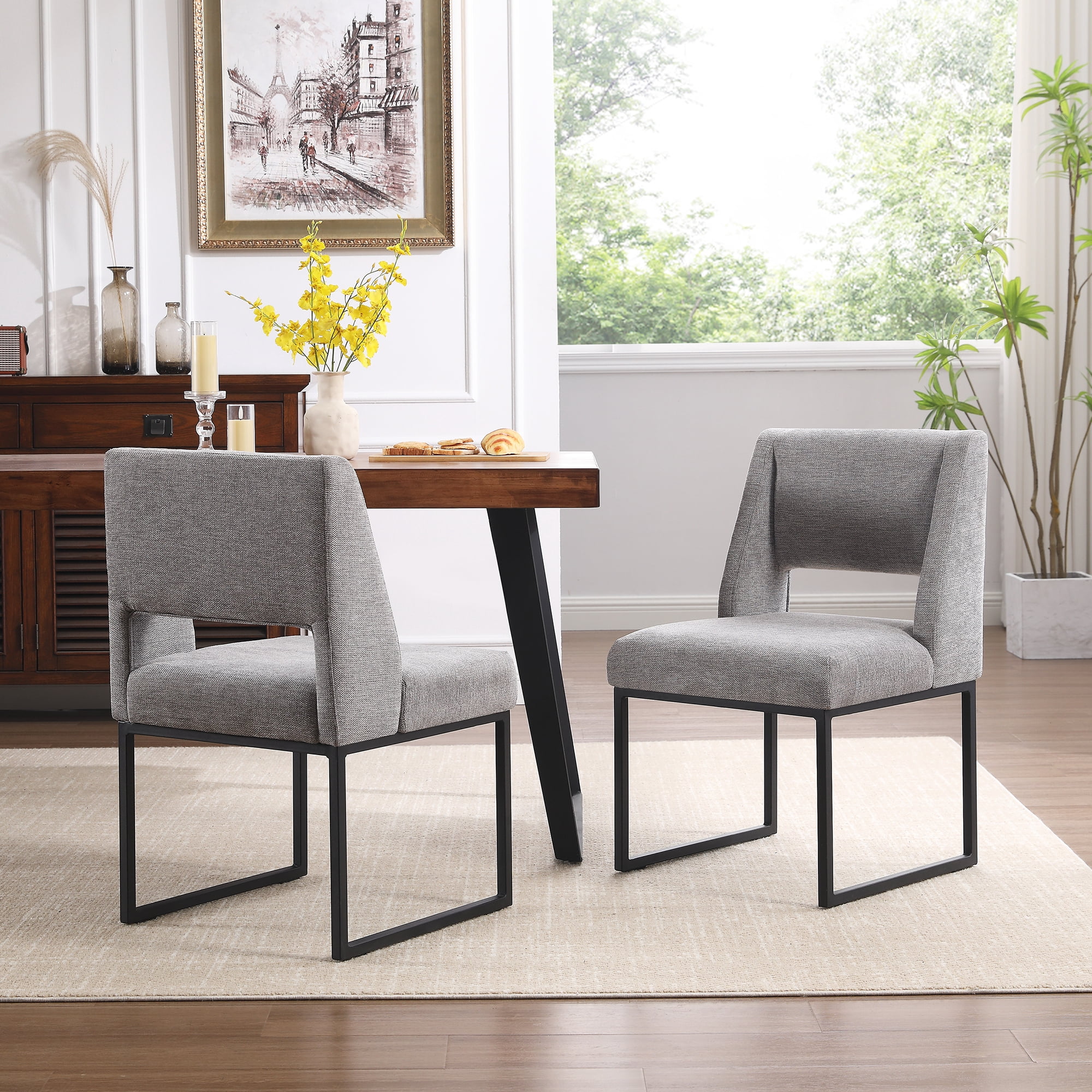 Zesthouse 18.3" Linen Dining Chairs Set of 2, Extra Thick Upholstered Side Chair with High Back and Metal Legs, Modern Armless Kitchen Chairs for Dining Room, Gray