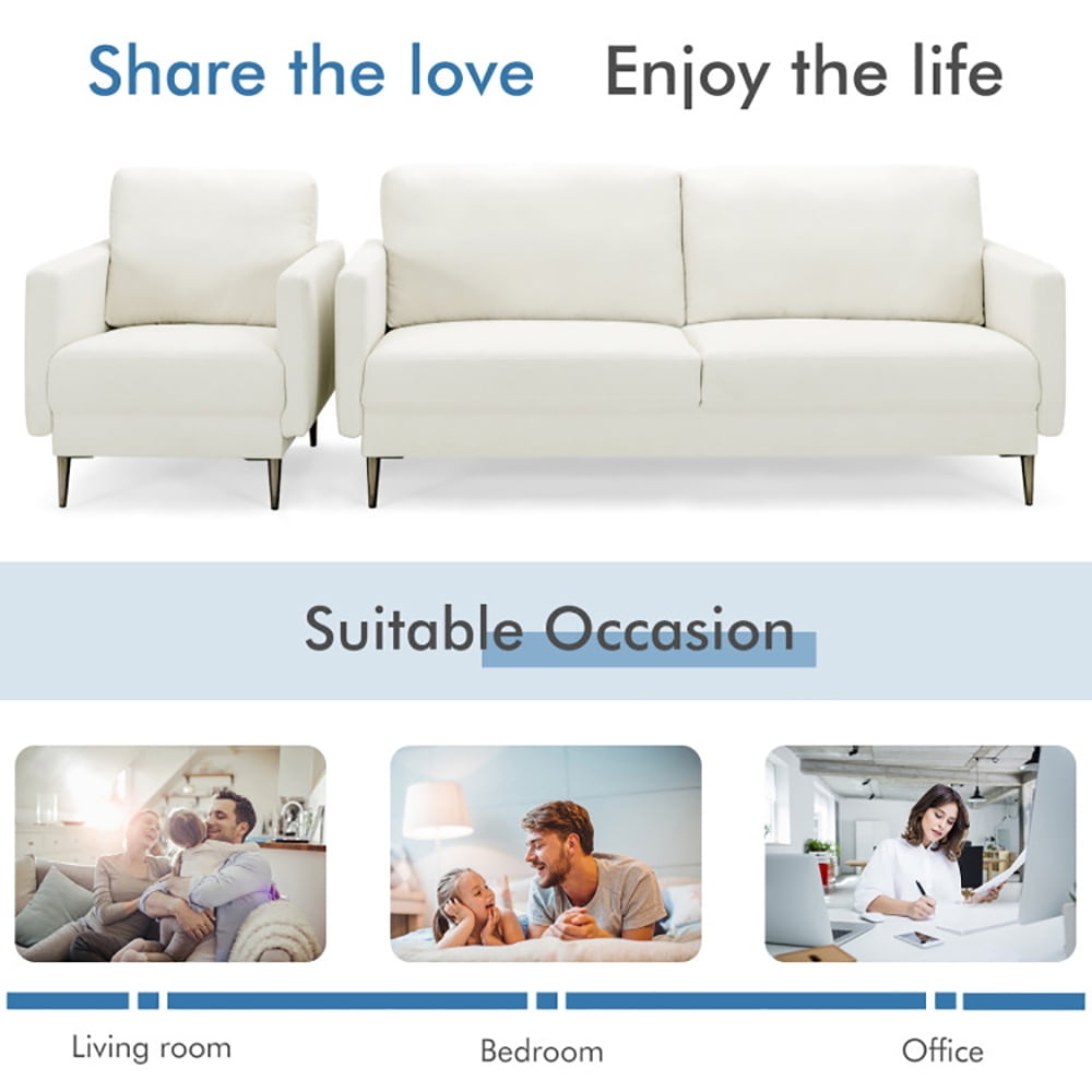Finihen Sofa Set, Modern Sofa Couch with Solid Metal Legs and Removable Backrest Cushion, for Living Room, Bedroom, White