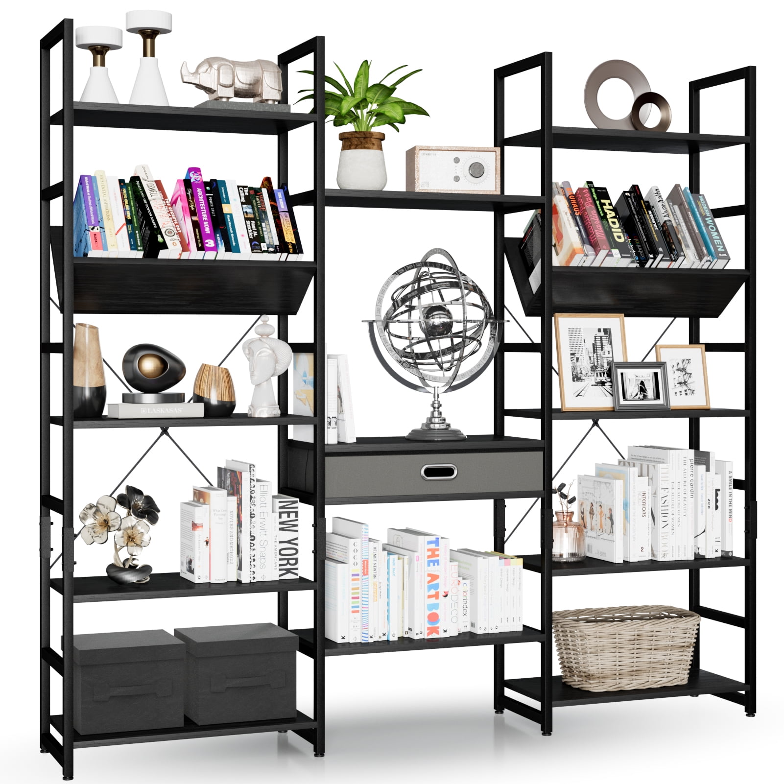 Black Adjustable Triple Wide 5-Tier Industrial Bookshelf