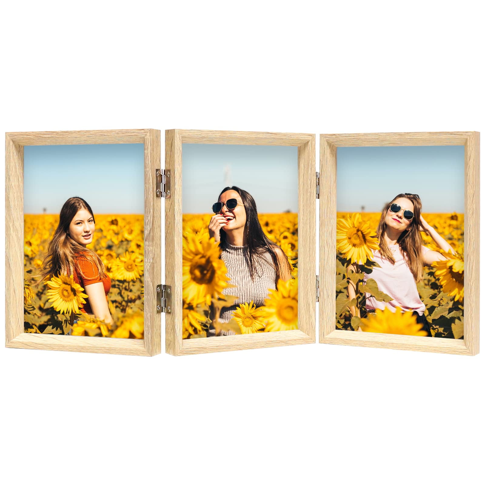 4x6 Triple Picture Frame Grain Wooden Hinged Beveled Photo Frame
