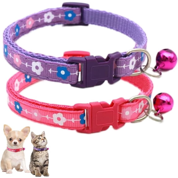 1/2Pack XS Dog Collar with Bell,XSmall Puppy Collars Floral Flower Print Female Cute Adjustable Buckle for XXS Extra Small PuppiesTiny Little Cats Boy Girl Pet Kitten Yorkie