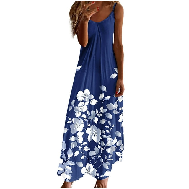Staron Robes d'Été pour Femmes en Liquidation à Moins de 10 $ Bretelles Spaghetti Printemps Ample Longue Fluide Robe Maxi Bohème Décontractée Mode Florale Col en V Robes de Plage