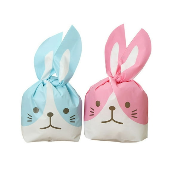GOOHOCHY 50pcs Lovely Bunny Candy Bags Plastic Goodies Treats Bakery Favors Bags for Birthday Christmas Baby Shower (Small Size, Pink)