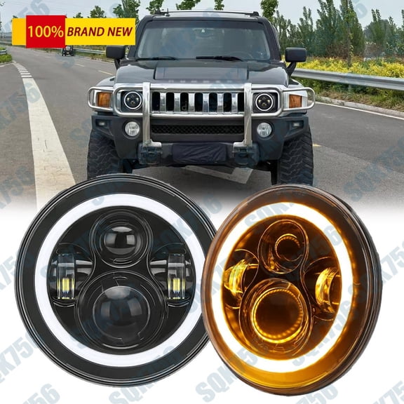Pair 7" Inch LED Headlights Amber Angle Eye DRL High low For Hummer H1 H2 H3 H3T