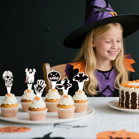 6 Pcs Halloween Cake Toppers Decorations, Witch Bat Castle 3D Black Tree Spider Pumpkin Skull Head Eyeballs Skeleton Hands Tombstone for Party(B)