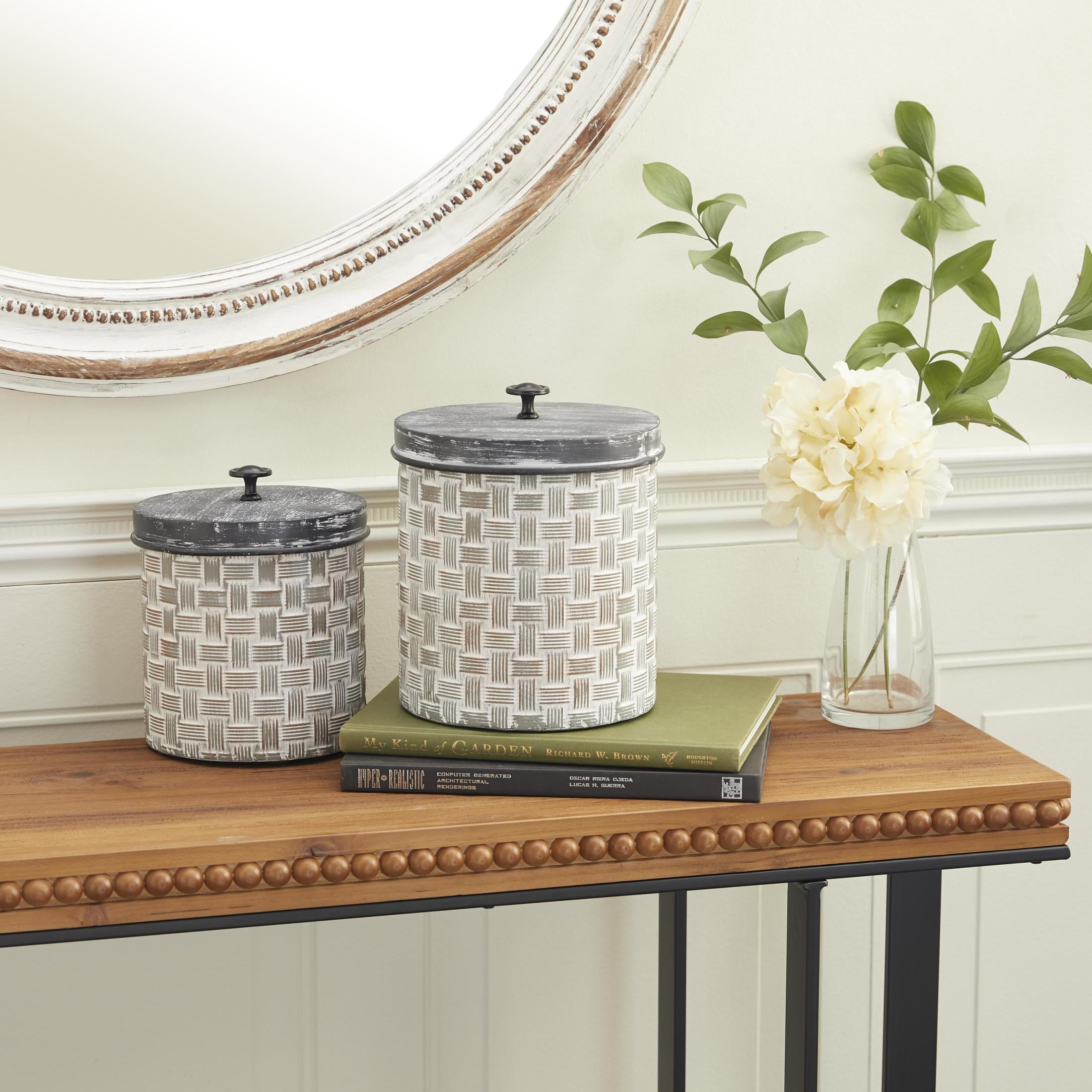 DecMode 9", 8"H Brown Metal Decorative Jars with Weave Inspired Pattern, 2-Pieces