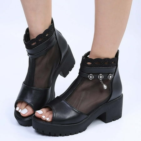 

Summer Women s Net Surface Sandals Zipper Fish Mouth Rough With High Heeled Shoes Sandals