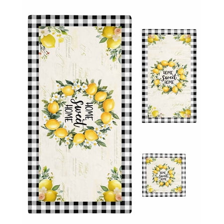 Summer Lemon Towel Set of 3, Soft Microfiber Bath Towels, Hand Towel, Washcloths, Yellow Botanical Checkered Farmhouse Buffalo Quick-Dry Absorbent Towels for Bathroom Kitchen Hotel Beach Gym Spa