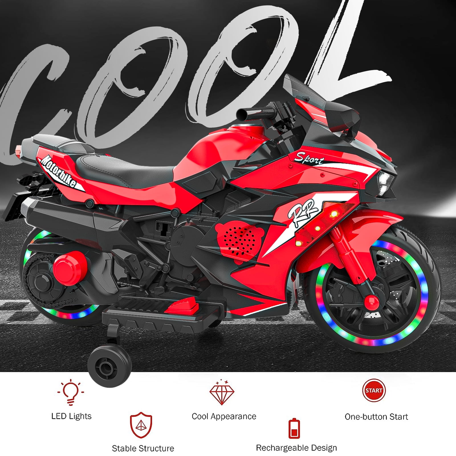 Techvida 12V Kids Electric Motorcycle for Child, Motorcyle for Kids with Bluetooth, LED Lights (Red)