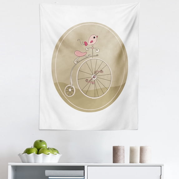 Bike Party Tapestry, Hand Drawn Vintage Old Antique Bicycle Motif and Little Pink Bird Form, Fabric Wall Hanging Decor for Bedroom Living Room Dorm, 5 Sizes, Ecru Blush and White, by Ambesonne