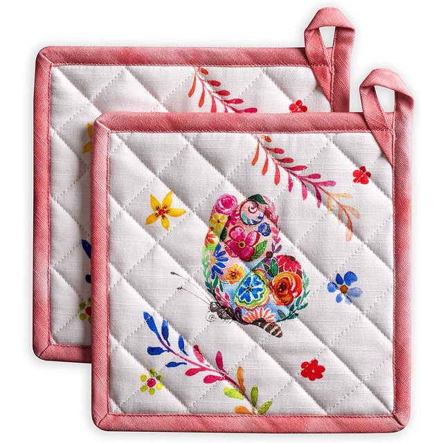 Happy Florals 100% Cotton Set of 2 Pot Holders with Loop Heat Resistant for BBQ | Cooking | Baking | Grilling | Microwave | Barbecue | Spring/Summer (High Summer, 8 Inch by 8 Inch)
