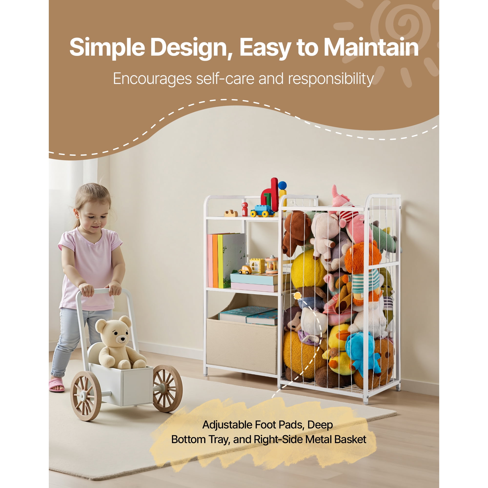 KFFKFF Kids Bookshelf and Toy Organizer, 2-Tier Storage Shelf with Fabric Bin, Ideal for Books, Toys, and More in Kids' Rooms, Living Rooms, Entryways, Nurseries, and Preschools, White