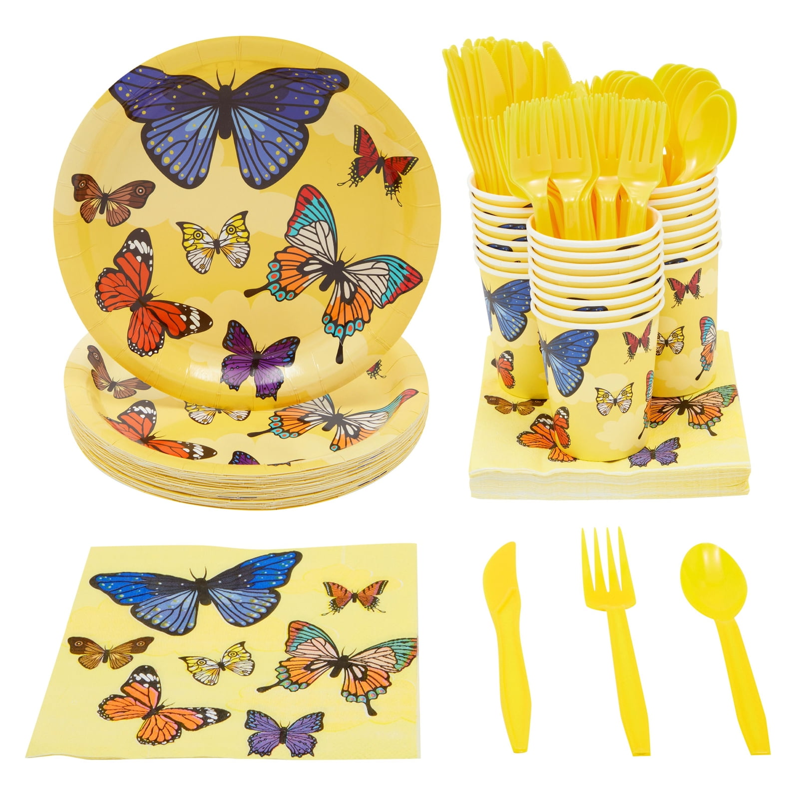 144 Pc Butterfly Paper Plates, Napkins, Cups, Cutlery, Yellow, Serves 24
