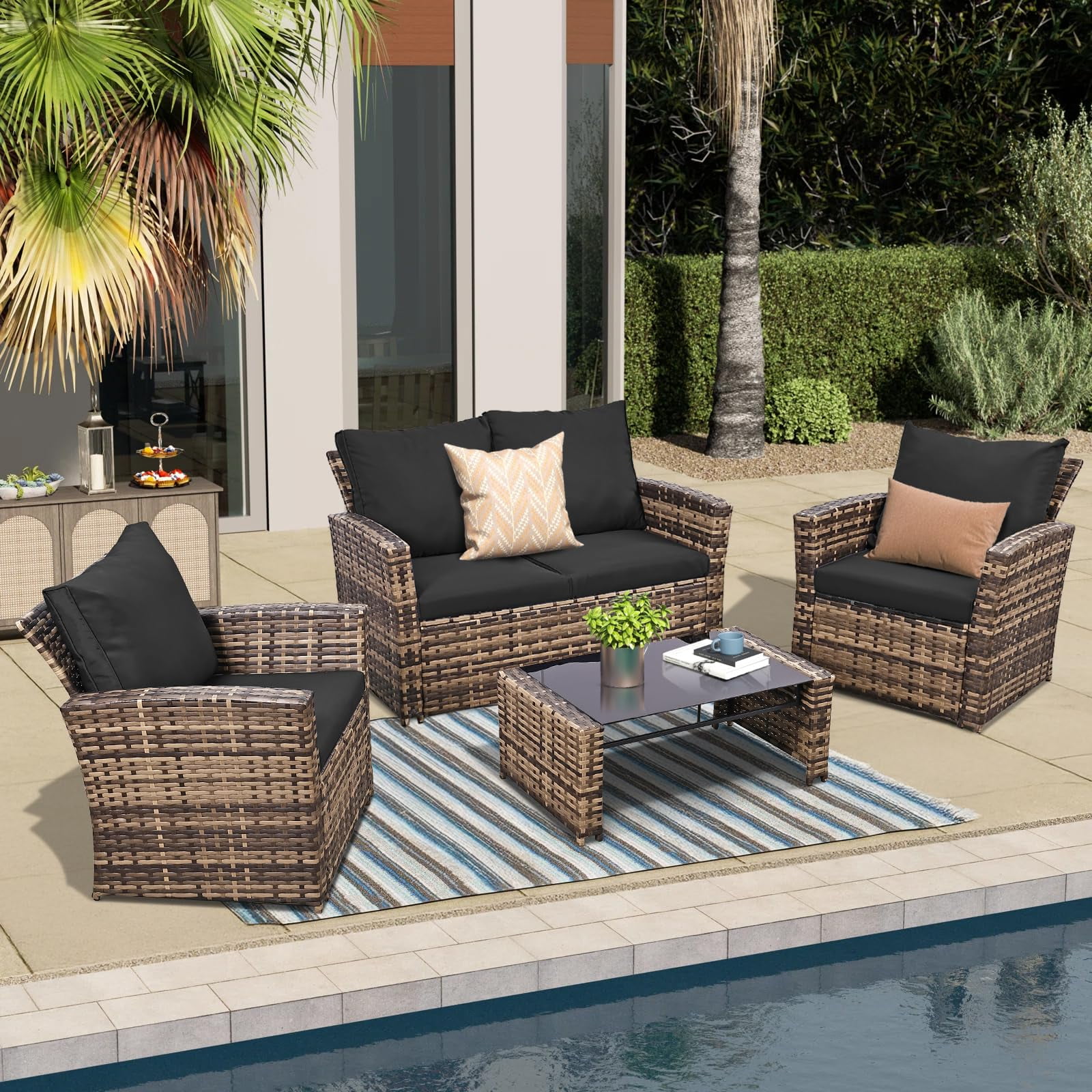 4 Piece Outdoor Patio Furniture Set,Wicker Conversation Sets Outdoor Sectional Patio Sofa Couch with Cushions & Coffee Table for Outside, Garden, Balcony, Porch,Yellow/Black