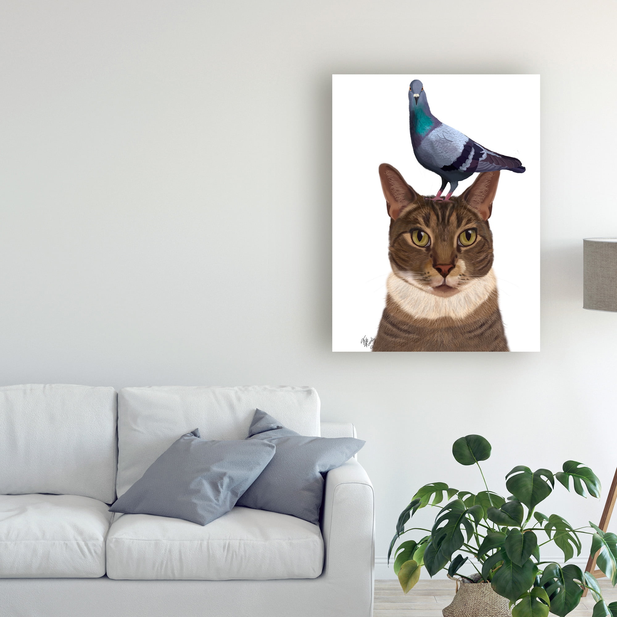 Trademark Fine Art 'Cat With Pigeon On Head' Canvas Art by Fab Funky