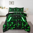 thumbnail image 2 of Gaming Comforter Set , Gamer Bedding Queen, Black Reversible, Green, Grid Printed, 2 of 7