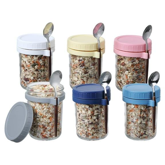 Novelinks 6 Pack Overnight Oats Containers with Lids,Glass Lunch Breakfast Containers, 16 Oz Cup Oat Yogurt Containers with Spoon,Portable Reusable Jars,6 Colors