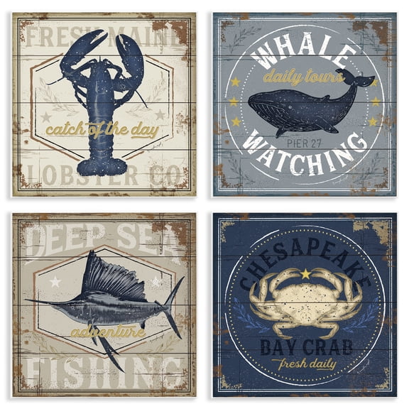 Stupell Industries Chesapeake Bay Nautical Motifs Animals Painting Unframed Art Print Wall Art, 12 x 12, Set of 4