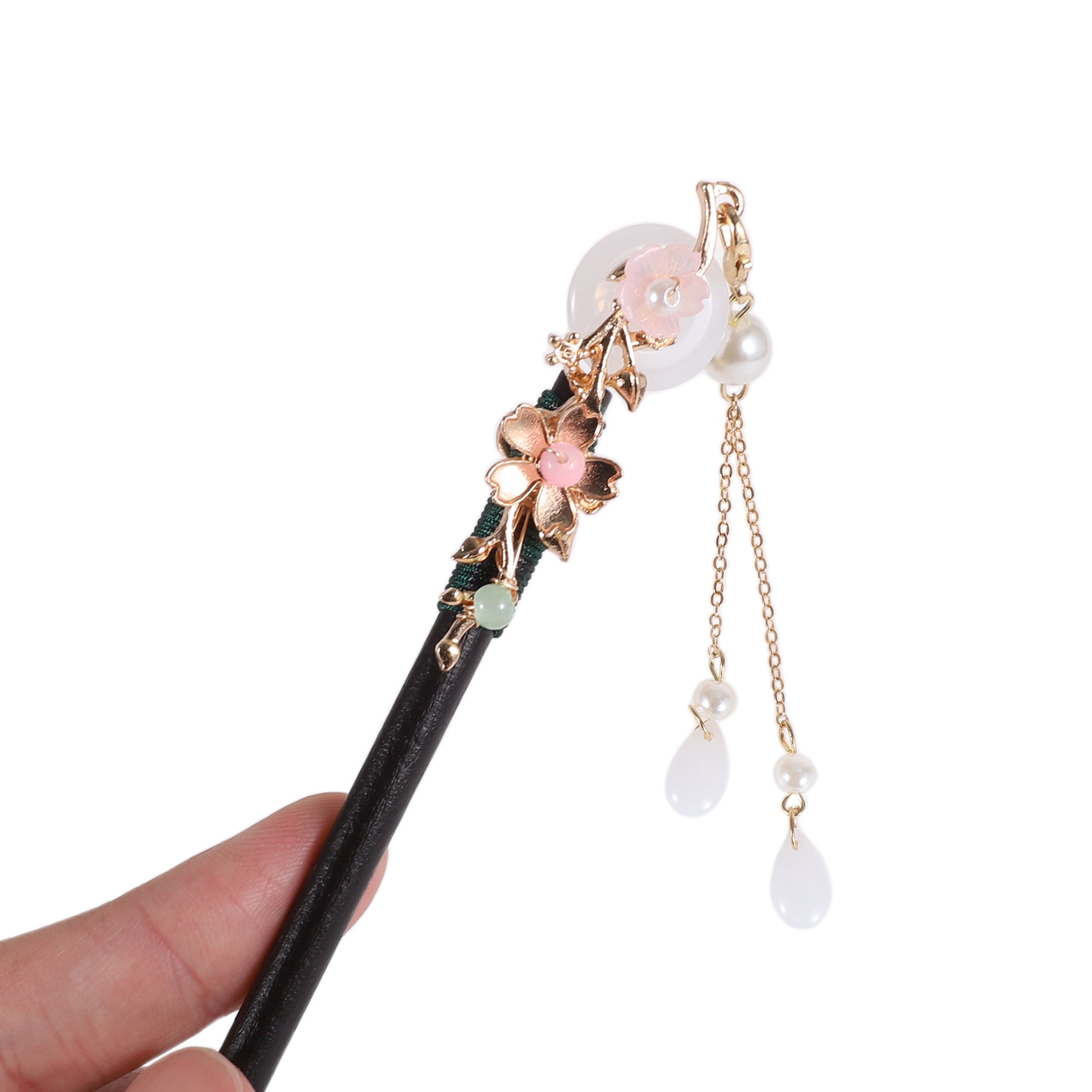 Unique Bargains Gardenia Tassel Hair Chopstick Black White Pink 1 Pc Small Jade buckle