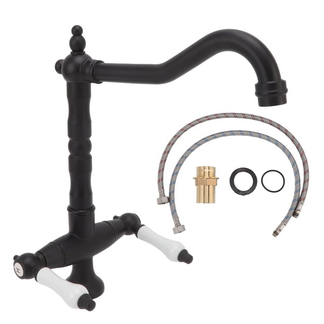 Grifo de lavabo de latón antiguo, doble manija, un orificio, estilo europeo, grifo de agua fría y caliente para lavabo de baño, negro