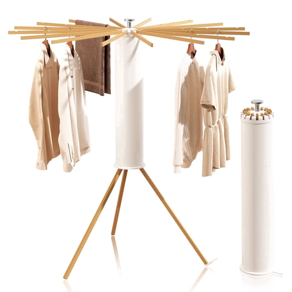 CHAHUANV Wooden Tripod Clothes Drying Rack, Foldable Laundry Rack with 16 Rods, Collapsible Umbrella Dryer Stand for Indoor Outdoor Use