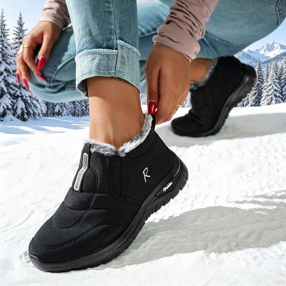 XUNKUSGA Women's Fleece Lined Winter Snow Boots Casual Lightweight Waterproof Slip On Ankle Booties Non-Slip Warm Walking Shoes for Cold Weather Black 5.5