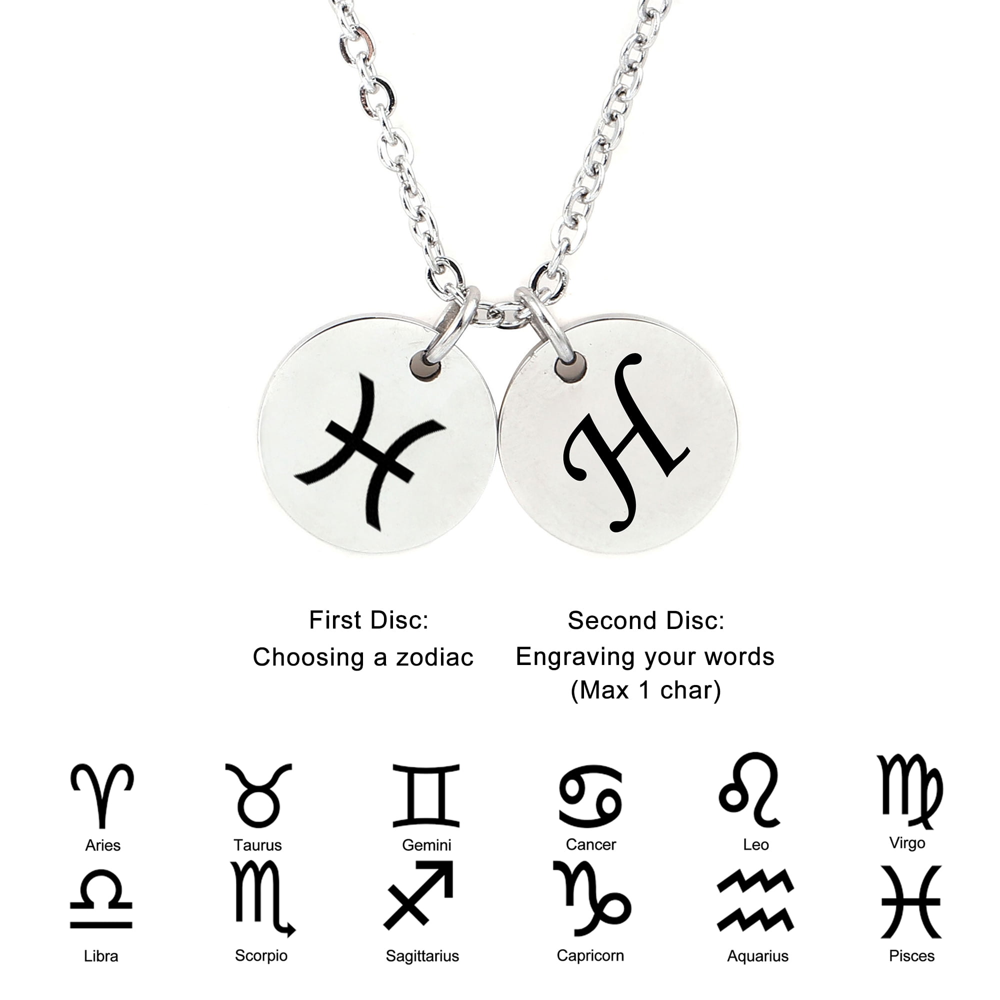 Personalized Round Constellation Initial Necklace - Engraved Zodiac Symbol Jewelry - Christmas Gift for Her - Stainless Steel - 18" Chain - Silver Pisces