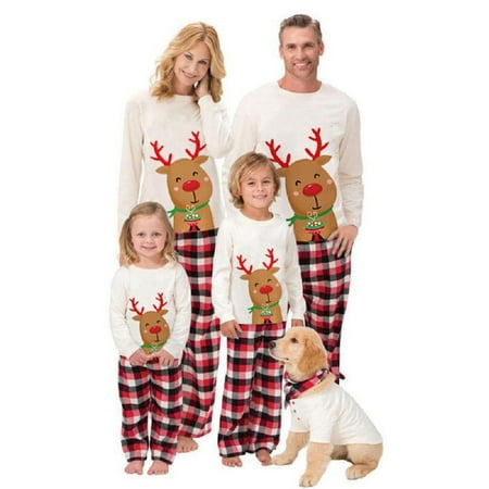 

Mioliknya Family Christmas Halloween Pajamas Set Long Sleeve Cartoon Deer Tops + Plaid Pants Set Loungewear